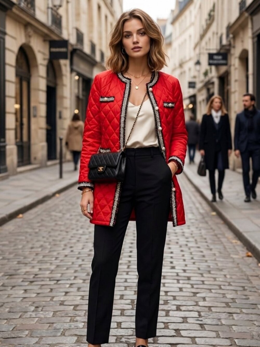Red Quilted Jacket with Tweed accents and pearl buttons